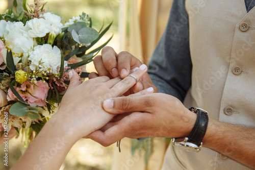 wedding couple wearing gold finger rings