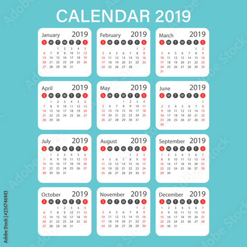 Calendar 2019 year in simple style. Calendar planner design template. Agenda monthly template. Business vector illustration.