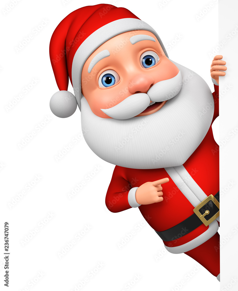 Cartoon character Santa Claus points a finger at a blank board. 3d rendering. Illustration for advertising. Cartoon character Santa Claus points a finger at a blank board. 3d rendering. Illustration for advertising.