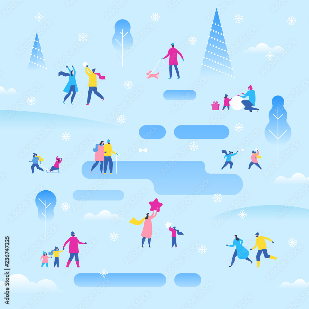 Christmas or New Year holiday outdoor fair. Pleasant small characters Christmas or New Year holiday outdoor fair. Pleasant small characters