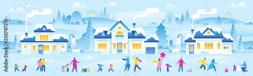 New Year or Christmas small town with tiny people