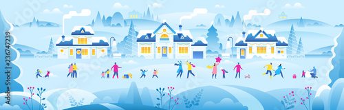 New Year or Christmas small town with tiny people