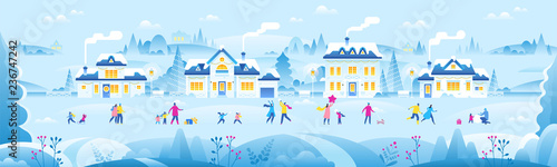 New Year or Christmas small town with tiny people