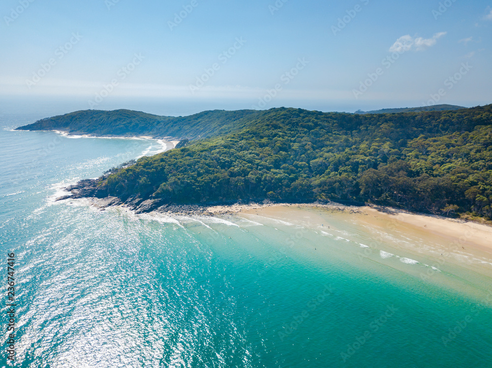 Noosa National Park aerial view with blue turquoise water - obrazy, fototapety, plakaty 