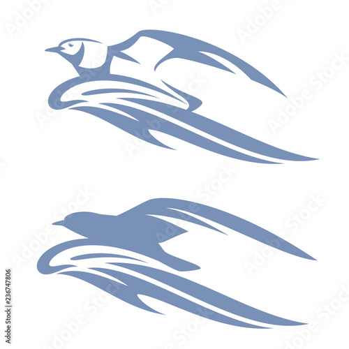 sea gull bird and ocean wave monochrome vector outline design