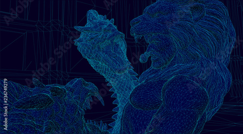 wire frame illustration of an ancient warrior fighting a monster inside of a digital video game environment