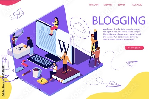 Isometric concept creative writing or blogging, education and content management for web page, banner, social media, documents, cards, posters. Laptop as background. Double exposure vector effect. © jeler