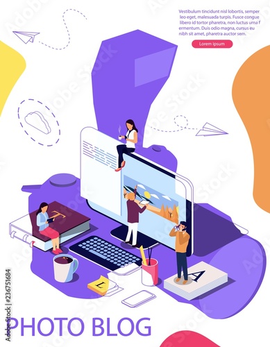 Isometric concept Education. Vector illustration for online education, online training, Internet studying, online book, tutorials, e-learning. Camera as background. Double exposure vector effect.