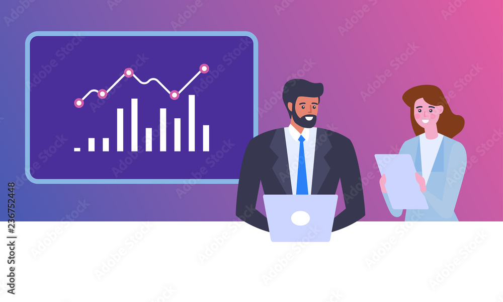 Business presentation. Business plan. Multicultural man and woman cooperating on developing project Business presentation. Business plan. Multicultural man and woman cooperating on developing project