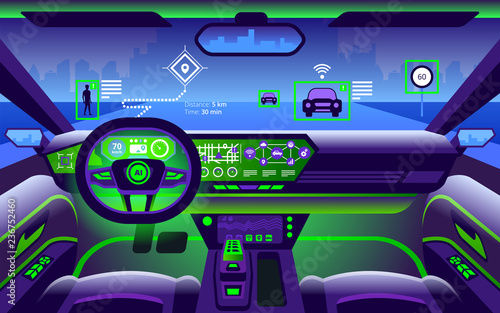 Autonomous smart car interior. Self driving at city landscape.