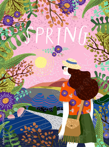 Cute vector card or poster with an drawn illustration of the time of the year of the spring and a  girl in a hat and glasses surrounded by trees, plants, nature and flowers, decorative landscape