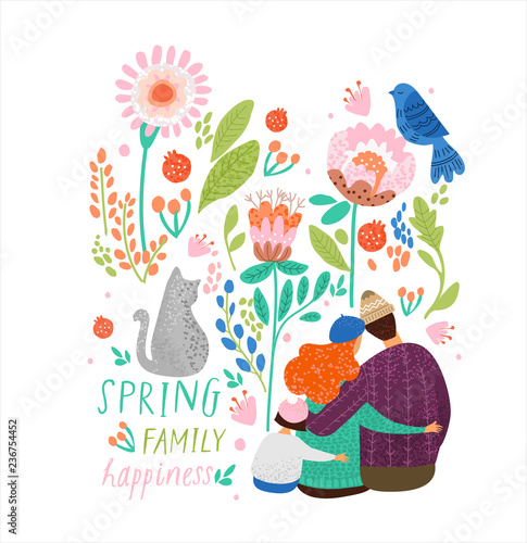 cute vector decorative illustration of spring, family, pet cat and bird surrounded by an ornament of flowers and plants, a magic fairy tale floral card or poster
