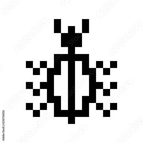 Retro vector pixel bug icon. Computer virus pictogram. Black bug icon isolated on white background.