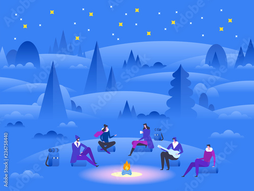 Parks and Outdoor. Group of friends near camp fire