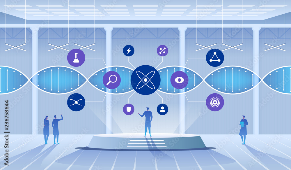 Naklejka premium Science lab. Scientists man and woman conducting research in a lab. DNA molecules.