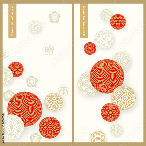 vector set with two red and white cards with traditional ornamented temari balls. design for products, print, business, cards