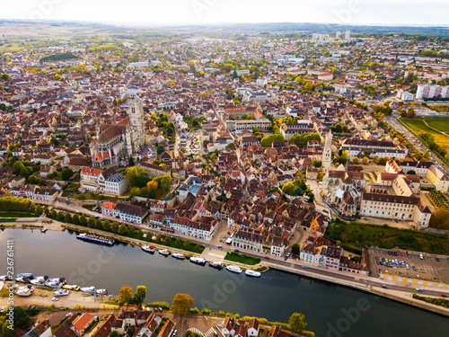 Aerial view of famous old town Auxerre with river in  France photo