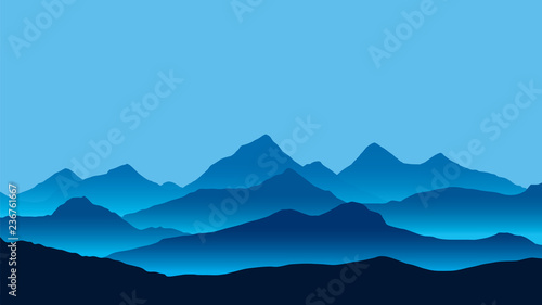 Realistic illustration of mountain landscape with fog under blue sky
