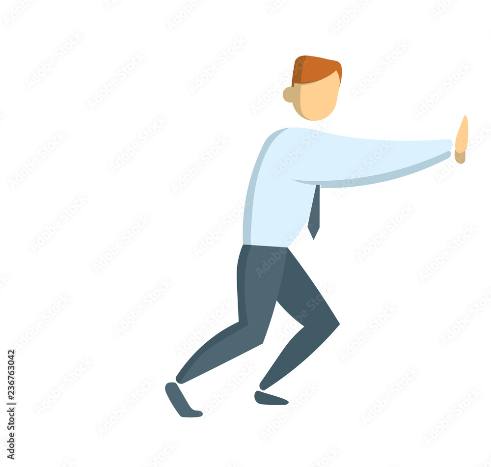 Businessman pushing the wall. Full-length figure of a businessman. Flat vector illustration. Isolated on white background.