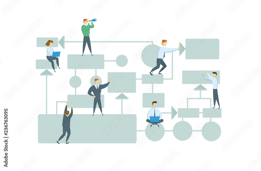 Teamwork, business workflow layout with chart elements and people figures. Business plan. Flat vector illustration. Isolated on white background. - obrazy, fototapety, plakaty 