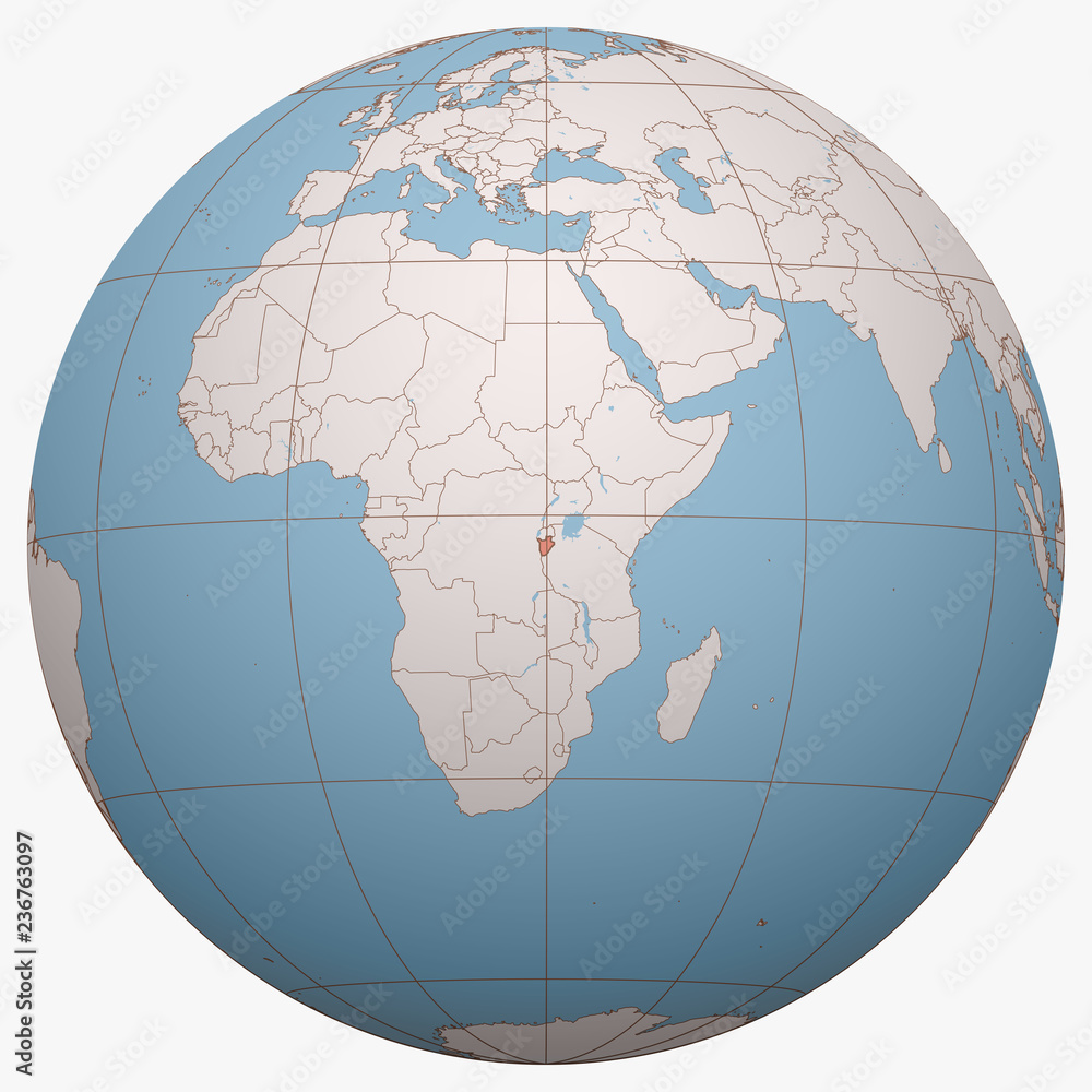 Burundi on the globe. Earth hemisphere centered at the location of the Republic of Burundi. Burundi map. Burundi on the globe. Earth hemisphere centered at the location of the Republic of Burundi. Burundi map.