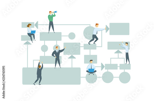 Teamwork, business workflow layout with chart elements and people figures. Business plan. Flat vector illustration. Isolated on white background.