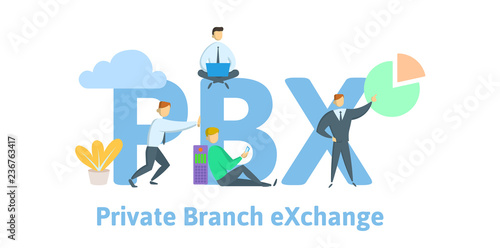 PBX, private branch exchange. Concept with keywords, letters and icons. Colored flat vector illustration on white background.