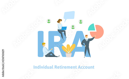 IRA, individual retirement account. Pension account, retirement. Concept with keywords, letters and icons. Colored flat vector illustration on white background.