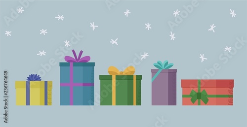 A lot of packaged gifts with different bows. Vector flat illustration. Snow backgraund. Eps 10.