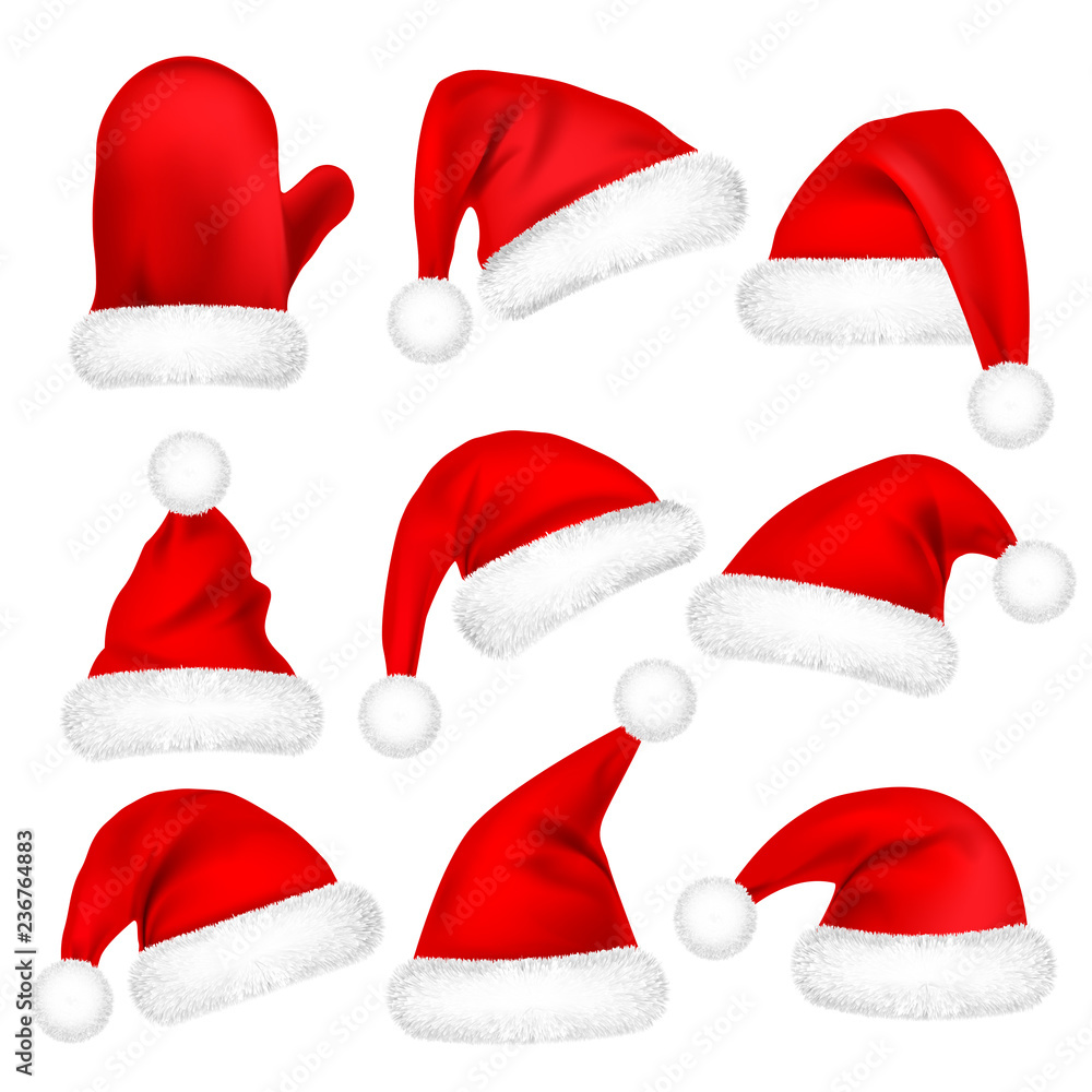 Christmas Santa Claus Hats With Fur Set, Mitten. New Year Red Hat Isolated on White Background. Winter Cap. Vector illustration. Christmas Santa Claus Hats With Fur Set, Mitten. New Year Red Hat Isolated on White Background. Winter Cap. Vector illustration.