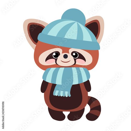 Fototapeta Naklejka Na Ścianę i Meble -  Cute red panda with a hat and scarf