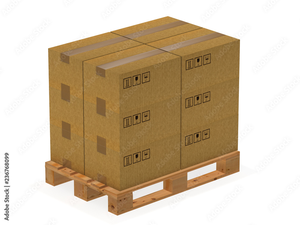 Carton boxes on pallet 3d rendering Carton boxes on pallet 3d rendering
