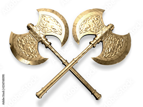 Dual golden battle axes 3d rendering photo