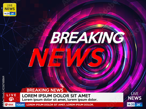 Background screen saver on breaking news. Breaking news live on pink background. Vector illustration.