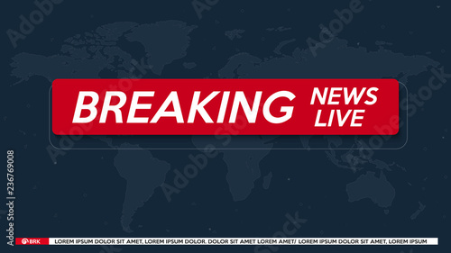 Background screen saver on breaking news. Breaking news live on grey background with world map. Vector illustration.