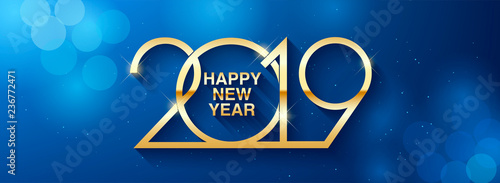 Happy New Year 2019 text design. Vector greeting illustration with golden numbers. Merry christmas and happy new year 2019 vector greeting card and poster design.