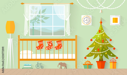 Children's room with Christmas tree, gifts and Christmas decor. Flat interior.