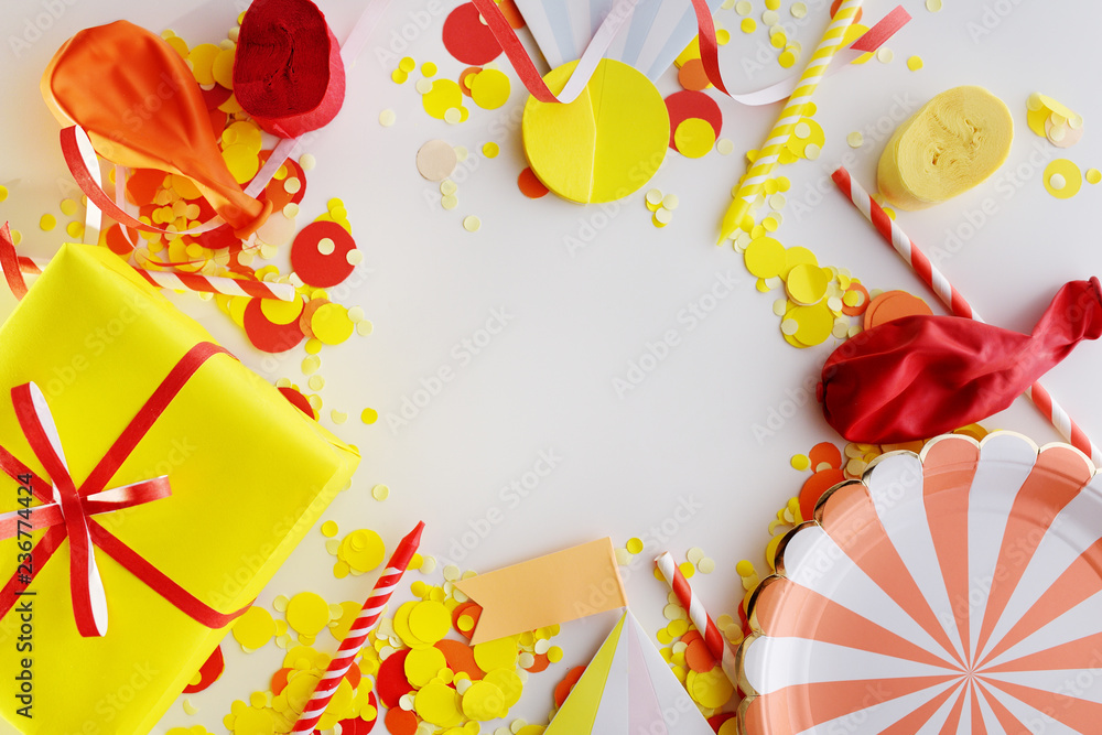 Festive bright decor for birthday on a white background. Top vie