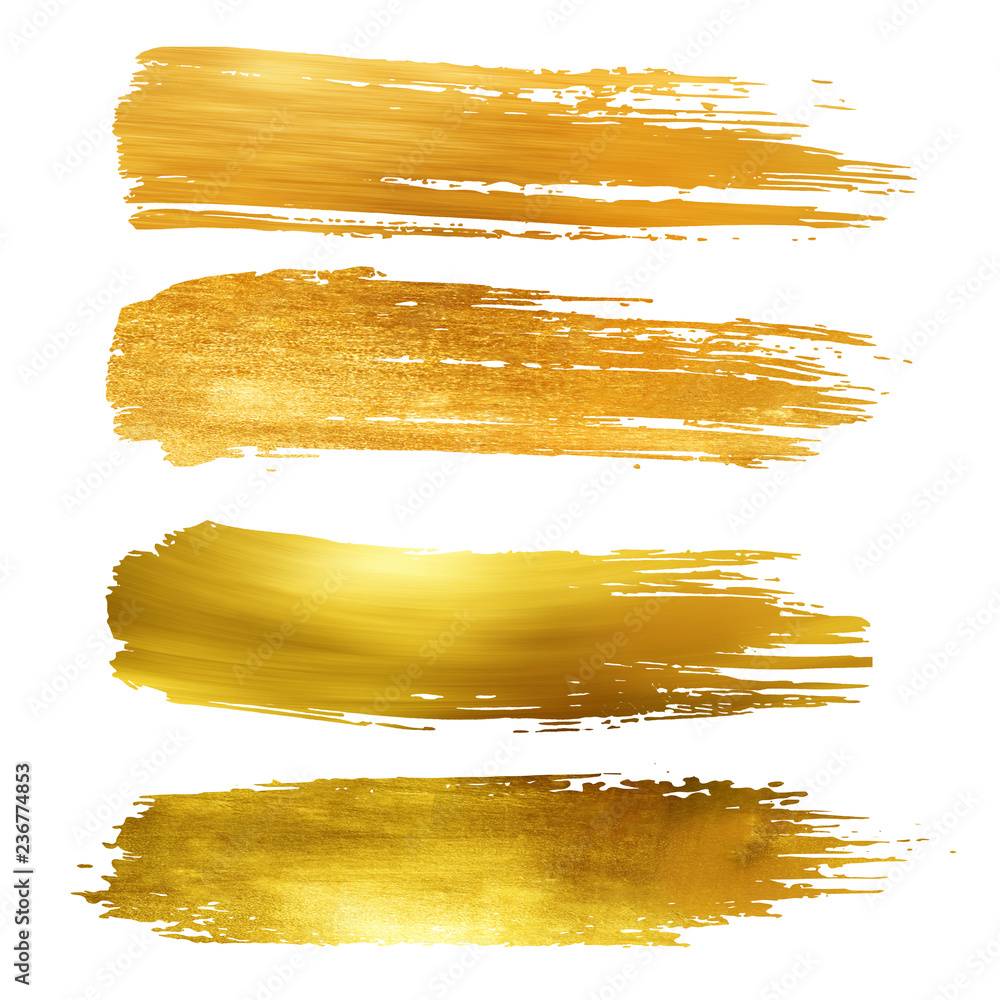 Fototapeta Collection of golden paint strokes to make a background for your design, golden hot foil, gold leaf. Creative design. Gold set.