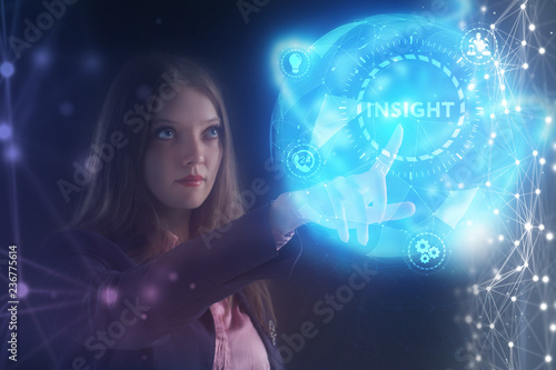 The concept of business, technology, the Internet and the network. A young entrepreneur working on a virtual screen of the future and sees the inscription: Insight