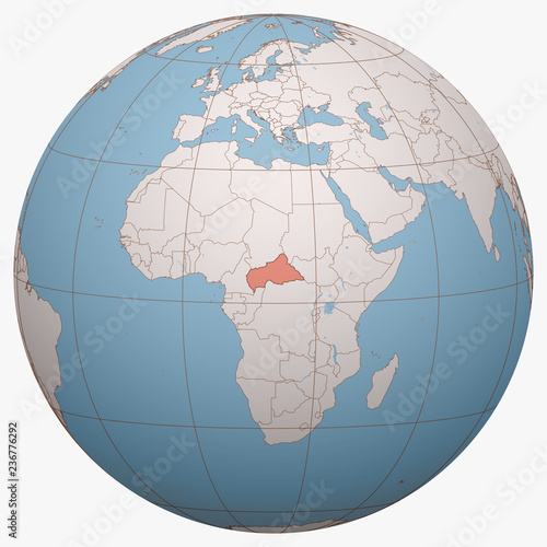 Central African Republic (CAR) on the globe. Earth hemisphere centered at the location of Central African Republic. Central African Republic map.
