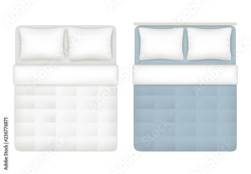 Blank white realistic bedding top view. Realistic bedl. Vector illustration isolated. Bedroom with pillow and comfortable blanket