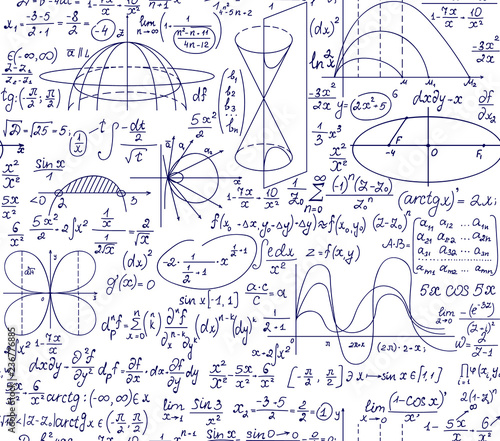 Math educational scientific vector seamless pattern with handwritten figures, calculations and equations