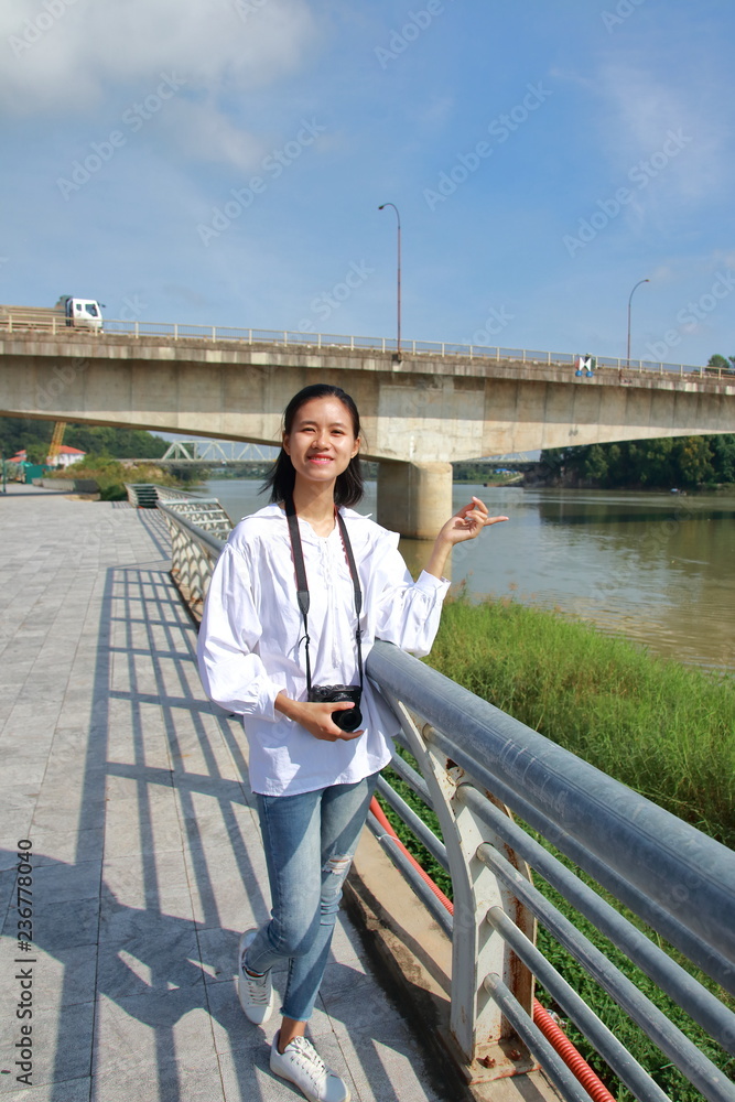 woman traveling to Ham Rong bridge in Thanh Hoa ,Vietnam