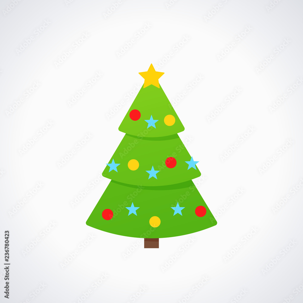 Christmas tree. Vector. Tree icon in flat design. Merry spruce fir. Xmas cartoon background. Green pine with star, balls. Computer graphic. Winter illustration isolated on white. Christmas tree. Vector. Tree icon in flat design. Merry spruce fir. Xmas cartoon background. Green pine with star, balls. Computer graphic. Winter illustration isolated on white.