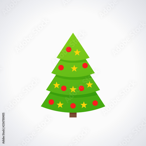 Christmas tree. Vector. Tree icon in flat design. Merry spruce fir. Xmas cartoon background. Green pine with stars, balls. Winter illustration isolated on white. Computer graphic.