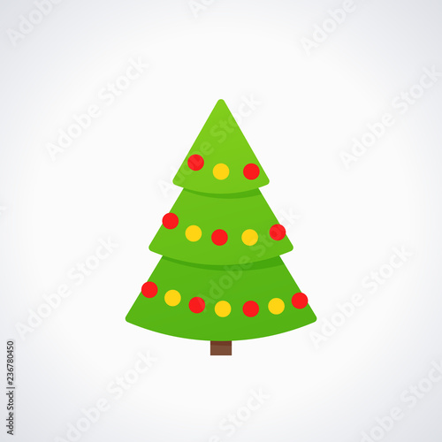 Christmas tree. Vector. Tree icon in flat design. Merry spruce fir. Xmas cartoon background. Green pine with balls. Winter illustration isolated on white. Computer graphic.