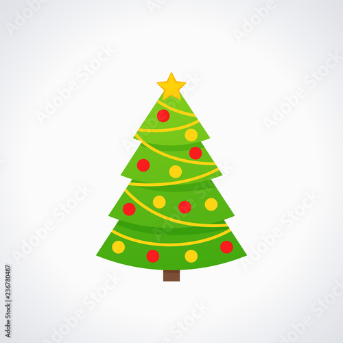 Christmas tree. Vector. Tree icon in flat design. Xmas spruce fir. Merry cartoon background. Winter illustration isolated on white. Pine with garland, star, balls. Computer graphic.