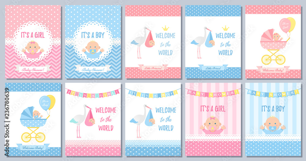 Baby Shower boy girl card. Vector. Baby girl boy design. Cute pink blue poster. Birth party background. Set welcome template invites. Happy greeting decoration banner. Cartoon illustration. Baby Shower boy girl card. Vector. Baby girl boy design. Cute pink blue poster. Birth party background. Set welcome template invites. Happy greeting decoration banner. Cartoon illustration.