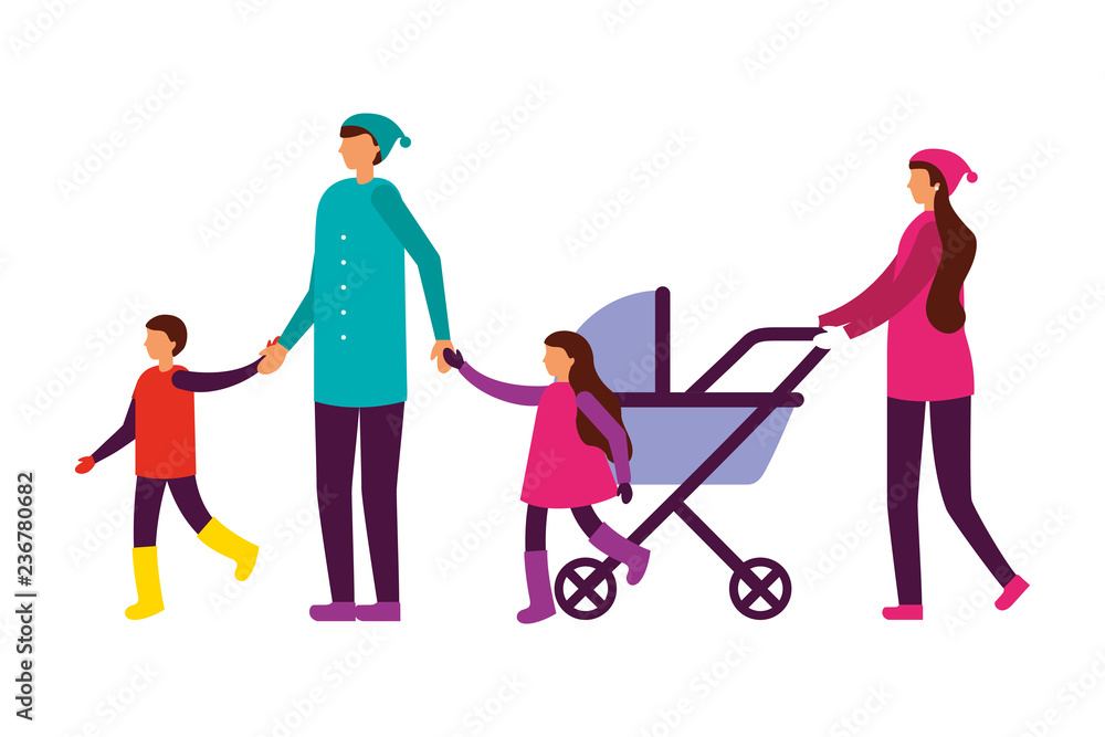 parents with son daugther and baby pram parents with son daugther and baby pram
